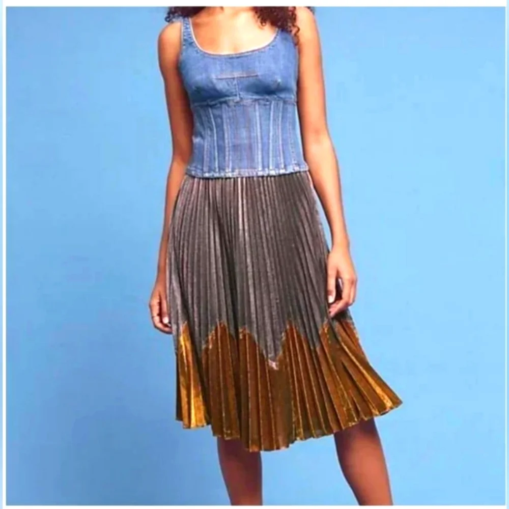 NEW ANTHROPOLOGIE HD Paris Magdalena Pleated Metallic Midi Skirt Silver & Gold L - Picture 2 of 9